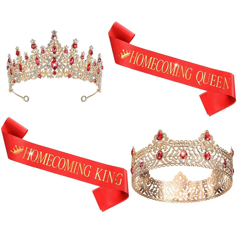 8424 Homecoming King and Queen Crown Set with Sashes 80s Prom Tiara Satin